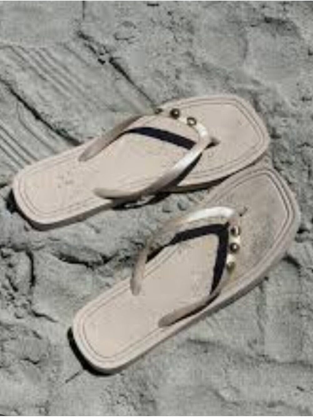 Gold Sea Shells And Stud Accents On Pearl White Flip Flop Sandals - Picture 3 of 3